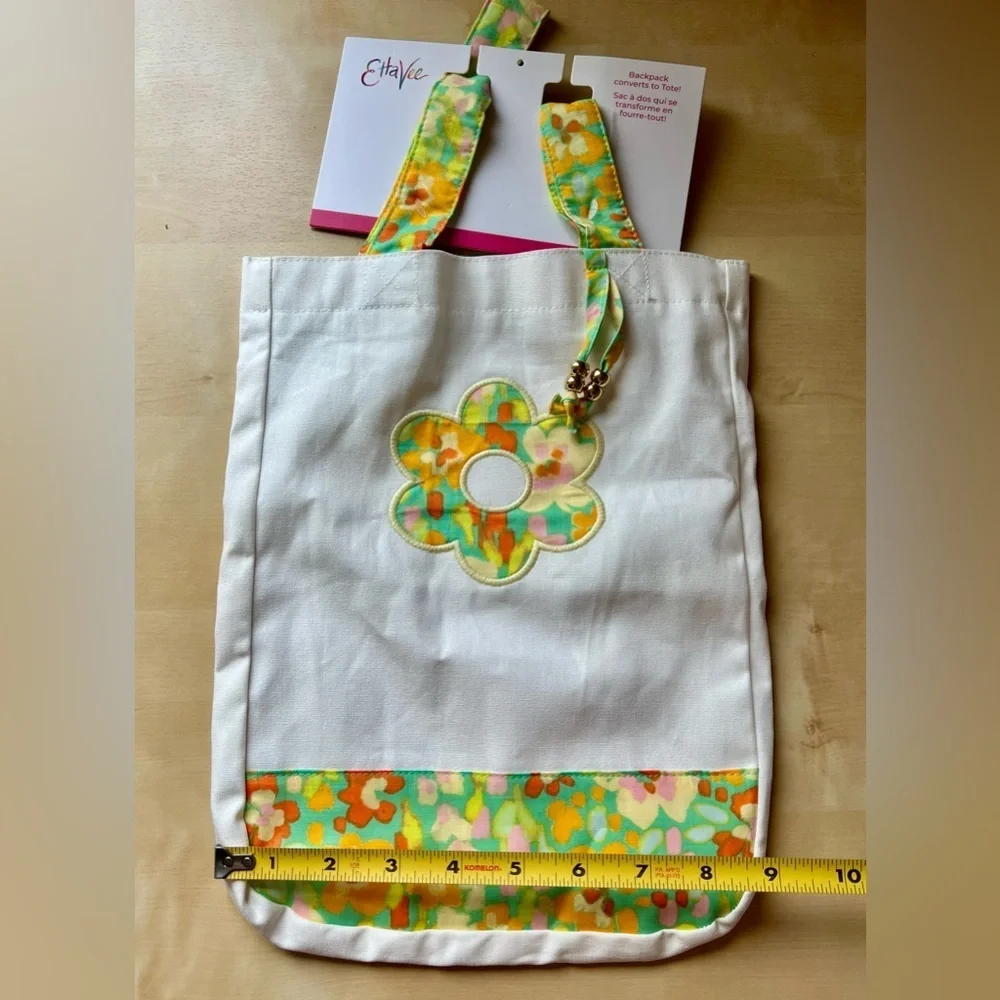 Girls White Canvas Convertible Tote Bag/Backpack Retro Floral Appliqué